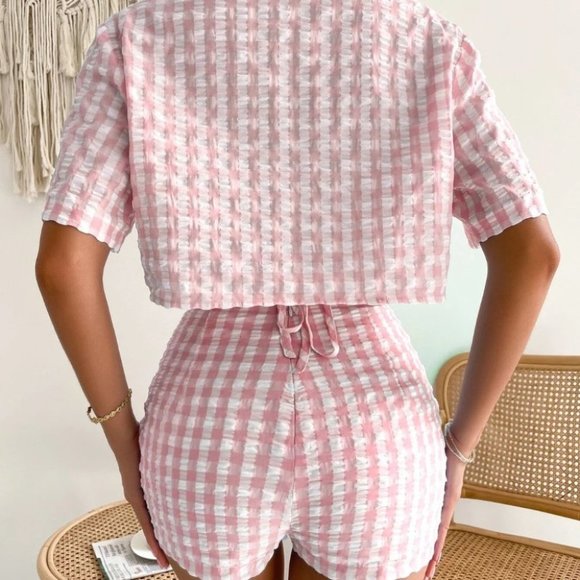 PINK 3 PIECE GINGHAM SUMMER SET STREETWEAR BEACHY VACAY - Picture 4 of 7